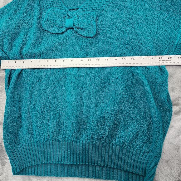 Vintage Adele Knitwear Sweater Womens M Blue Reversible V-Neck Bow Short Sleeves - Picture 6 of 8